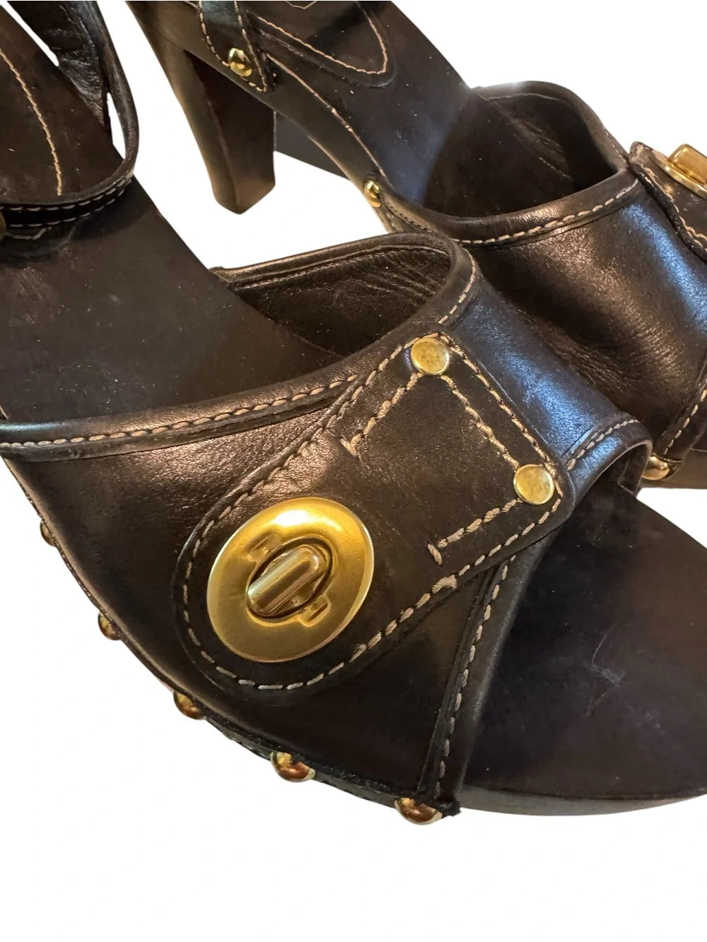 Coach Turnlock Leather Platform Ankle Strap Heels Black Studded Size 11